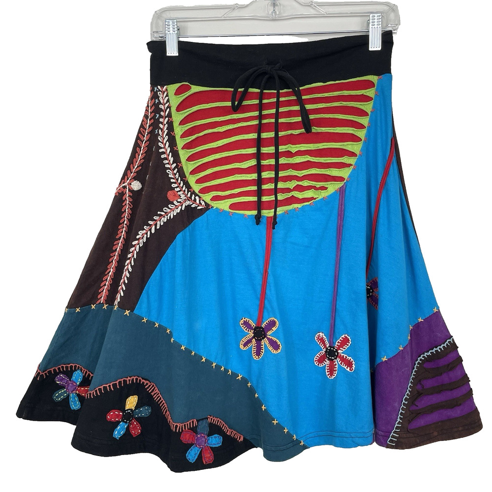 Rising International Patchwork Skirt Sz S Floral Applique 100% Cotton Nepal Boho